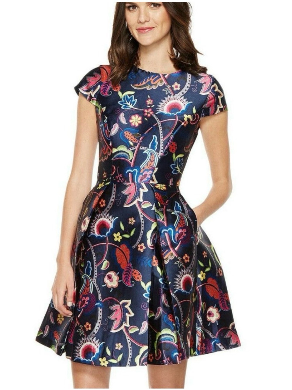 Ted Baker Fluxham Floral Folk Foliage Satin Pleated Fit Flare Party Dress 1 US 4